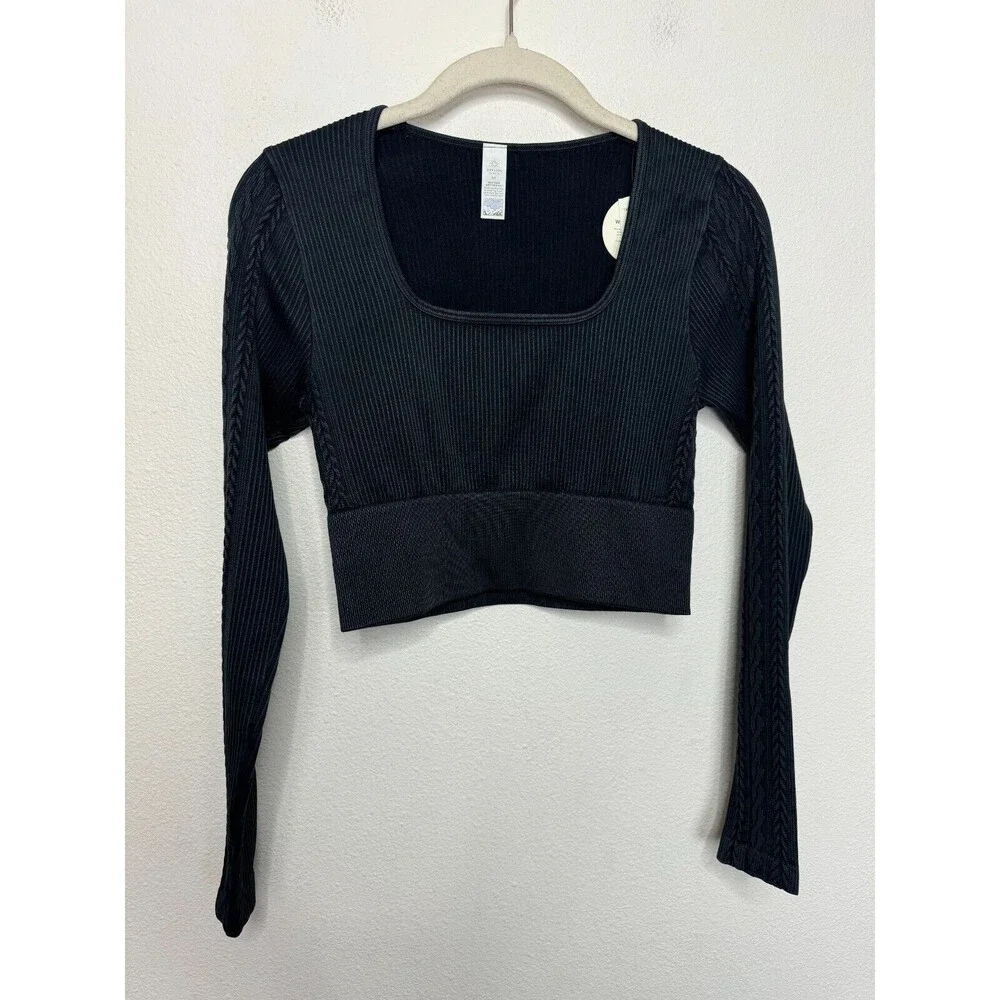 OFFLINE Aerie Seamless Cable Acid Wash Top Sz S Black Cropped Long Sleeve New